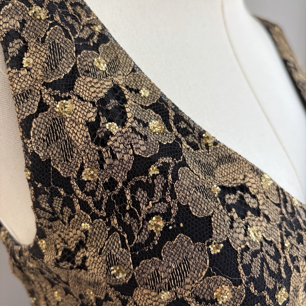 Mica Sleeveless Black Lace Cocktail Dress Sz 4 Sheath Gold Metallic Event Formal - Picture 2 of 16